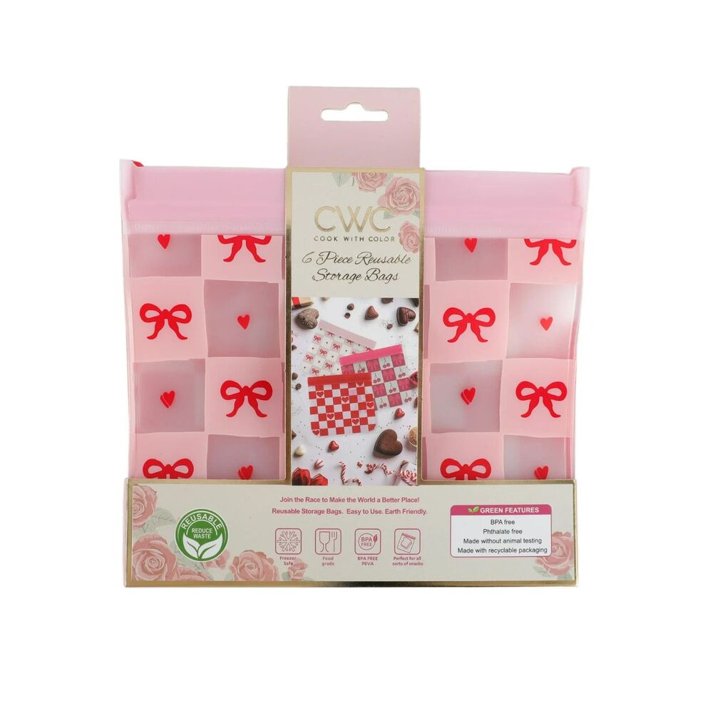 Cook with Color Reusable Snack Bags, Storage Bags, Set of 6, Pink & Red Bows